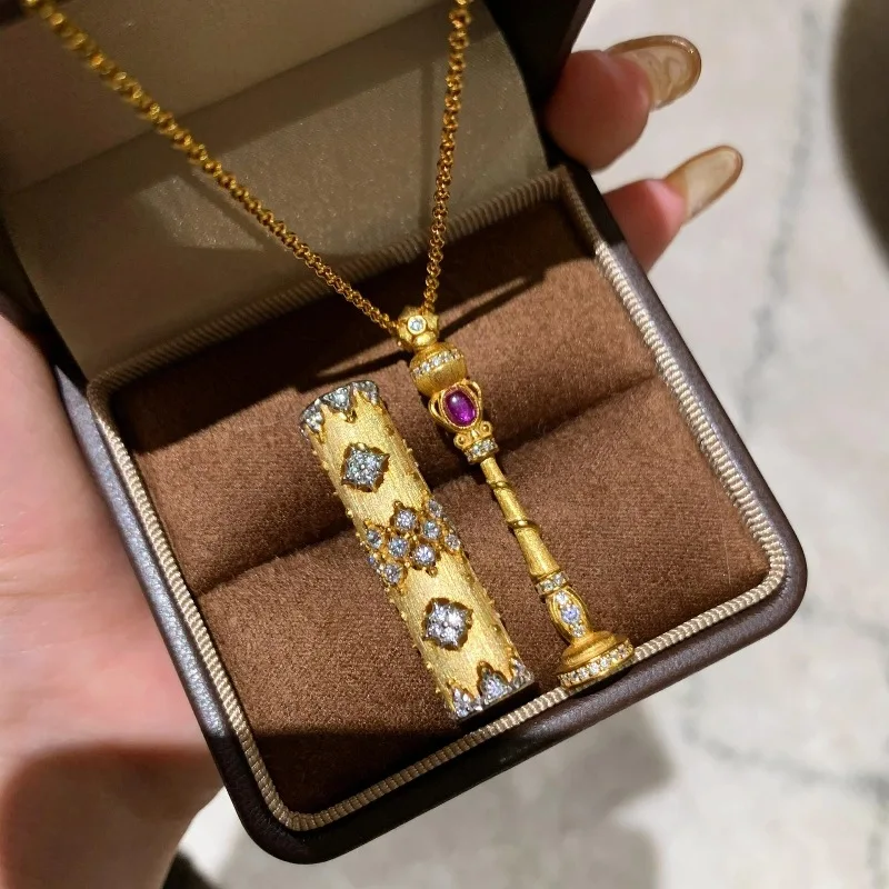 

Vintage new in Chinese style brushed Long cylindrical shape necklace luxurious and exquisite ruby pendant wedding jewelry