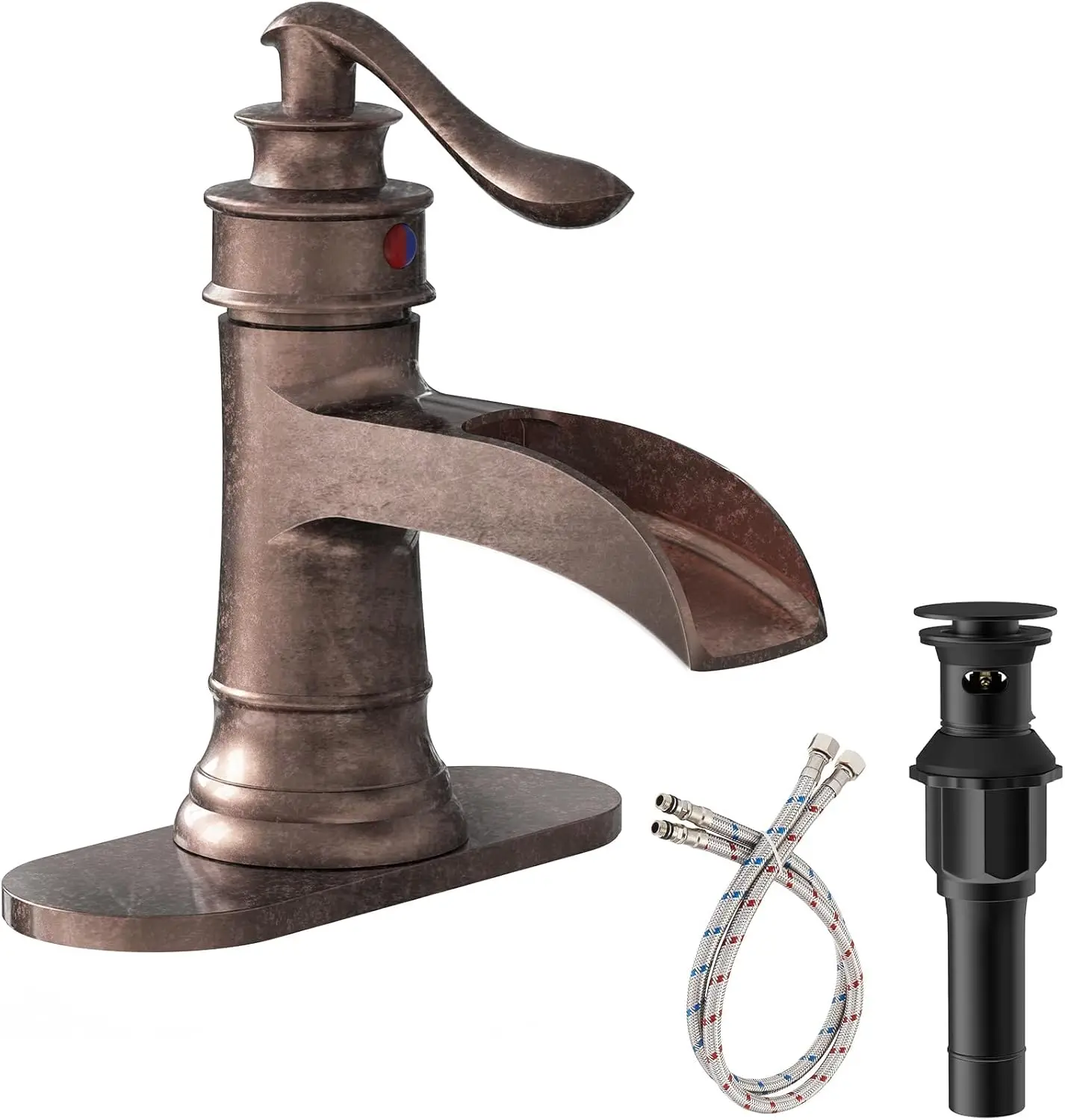 

Copper Waterfall Bathroom Sink Faucet with Single Handle, Rustic Vanity Design for 1 or 3 Holes