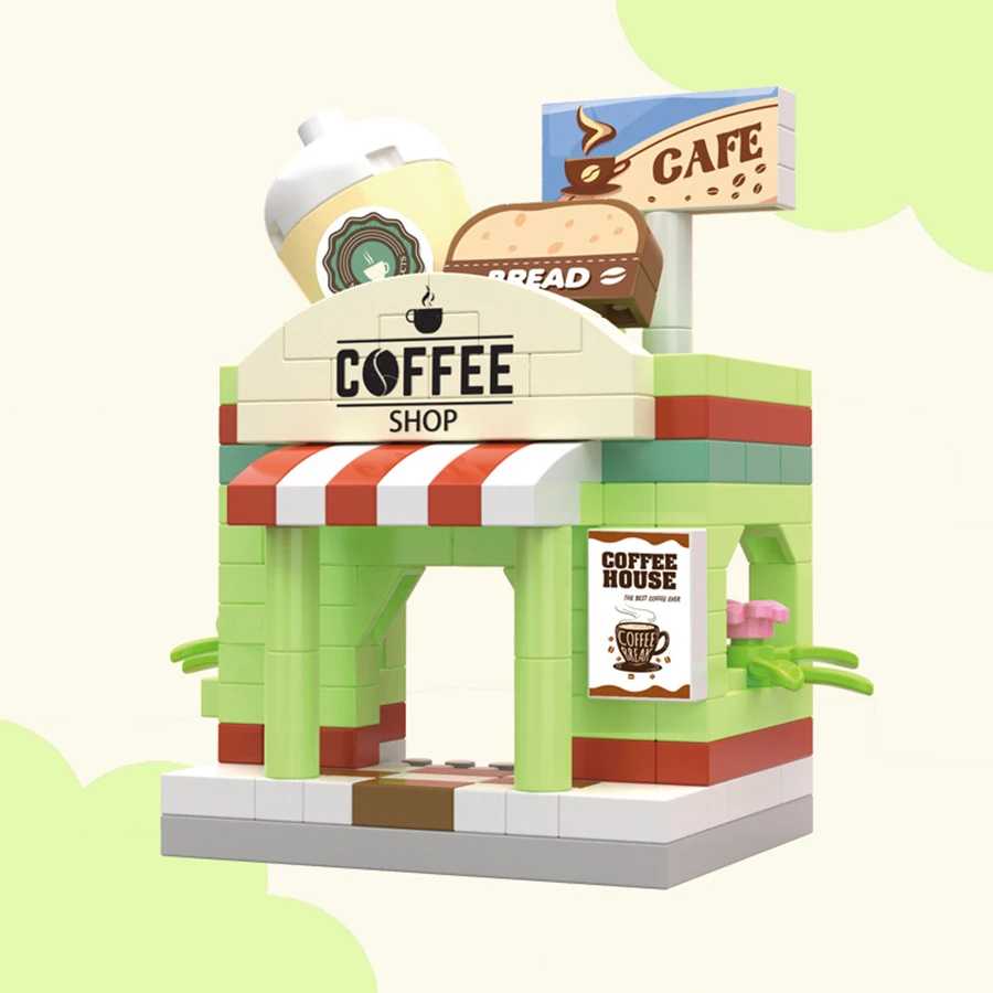 Blocos de construção cidade vista cena cafeteria loja varejo arquiteturas modelo montagem brinquedo presente natal para crianças adulto