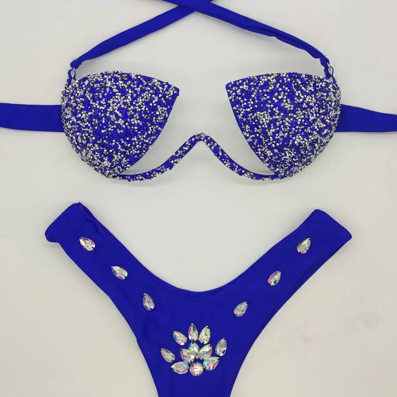 2023 New Hot Diamond costume da bagno a due pezzi Fashion paillettes Design Bikini Sexy Set solido a vita alta Push Up costume da bagno donna