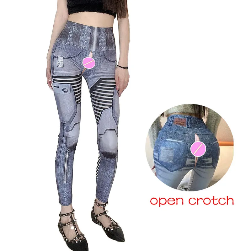 Invisible Open Crotch Sex Pants Imitation Jeans Leggings Women's Sexy Printed Trousers Thin Large Size High Waist Stretch Denim