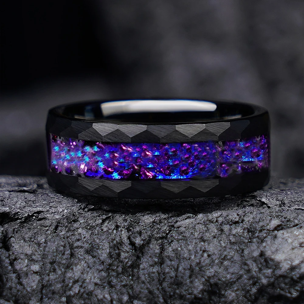 خاتم من الفولاذ المقاوم للصدأ مقاس 8 مم مرصع بنمط الأحجار الكريمة الأزرق جالاكسي الأرجواني للرجال لحفلات الزفاف مناسب للارتداء اليومي #3