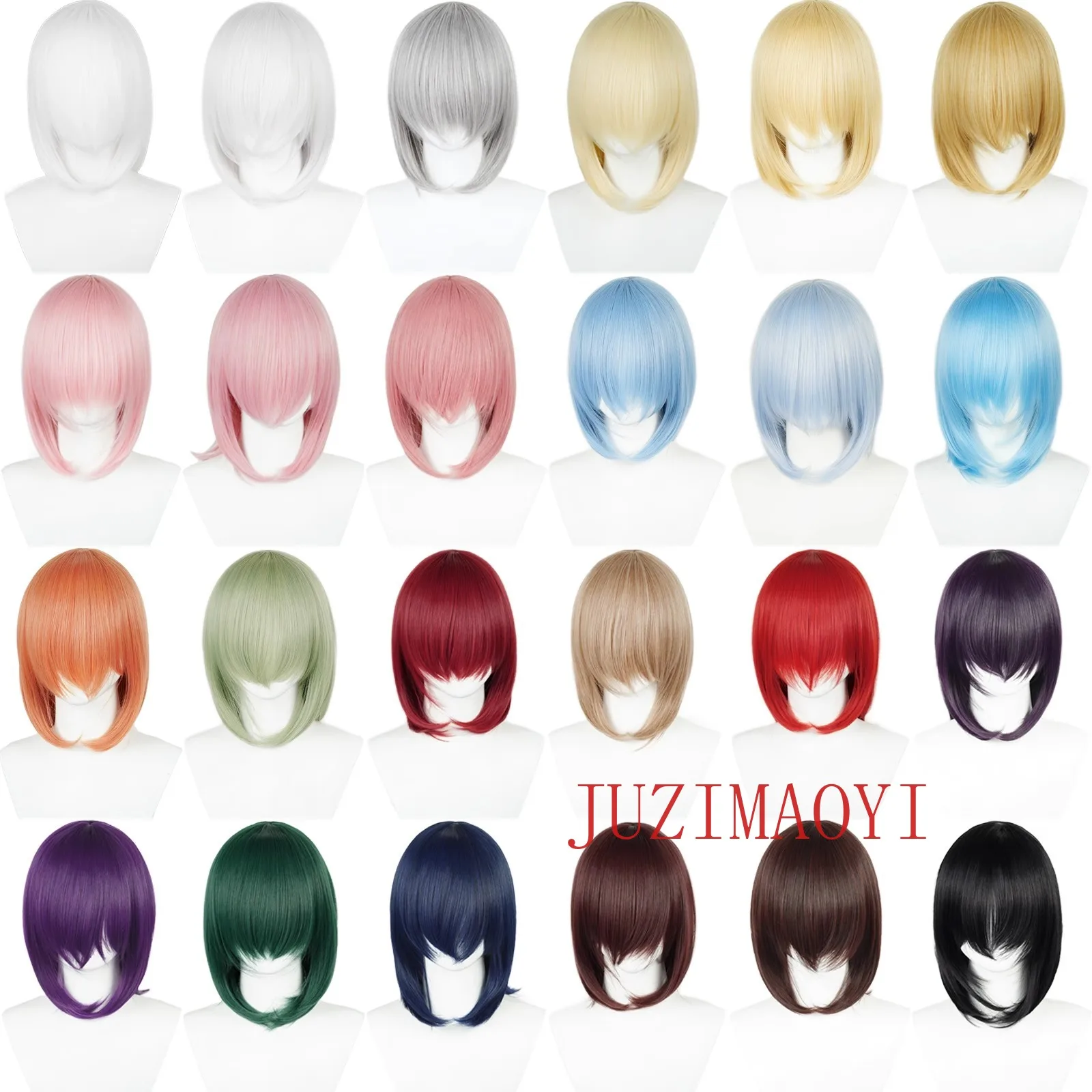 Kobiety Lolita Różowy Czerwony Niebieski Fioletowy Peruki Cosplay 40cm Krótkie peruki Bob z grzywką Odporne na ciepło włosy syntetyczne Uniwersalne peruki