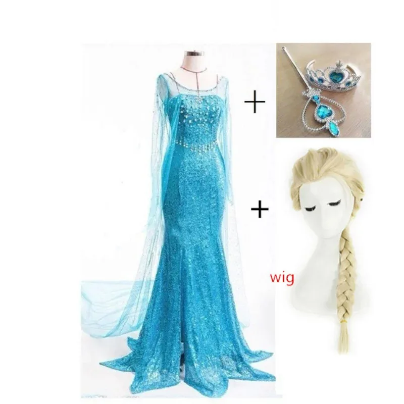 Adult Womens Snow Queen Elsa prom Costume Cosplay Party Gown Fancy Dress and wig Halloween Carnival Purim Masquerade Party