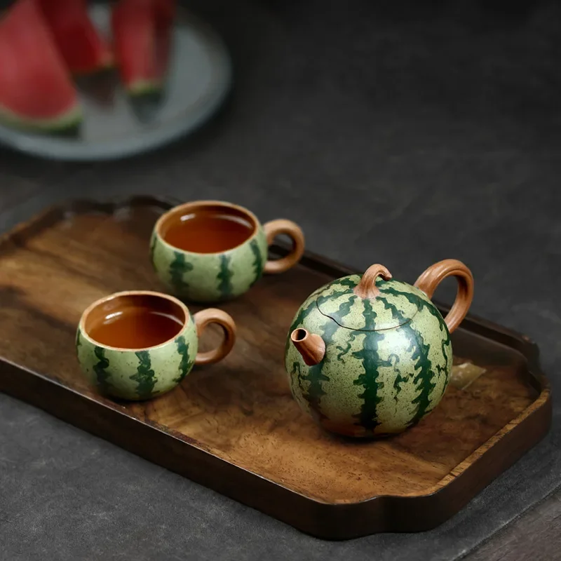 Clay Teapot Pure Handmade Teapot Bionic Device Segment Mud Watermelon Pot Egg-Shell Porcelain Home Use Set 160cc