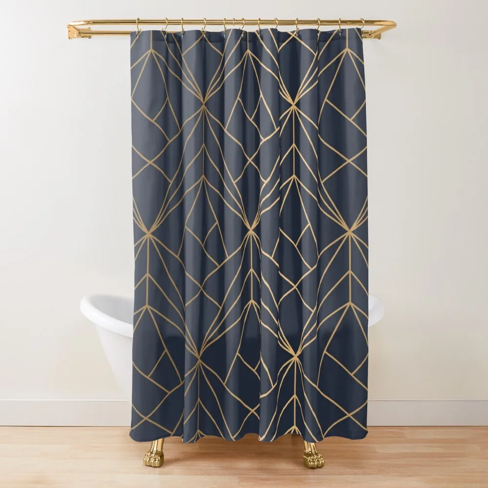 

Navy Blue Gold Geometric Pattern With White Shimmer Shower Curtain For Bathroom Shower In The Bathroom Bathroom Decor Curtain
