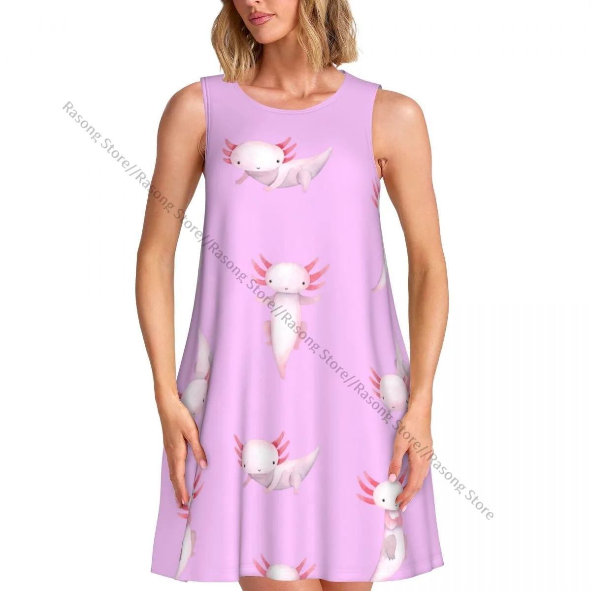 فستان نسائي لطيف من Axolotl صيفي كاجوال تي شيرت لتغطية الشاطئ فستان بدون أكمام