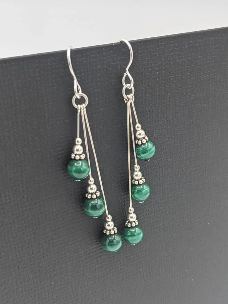 Malachite earrings, asymmetric earrings, malachite beaded earrings