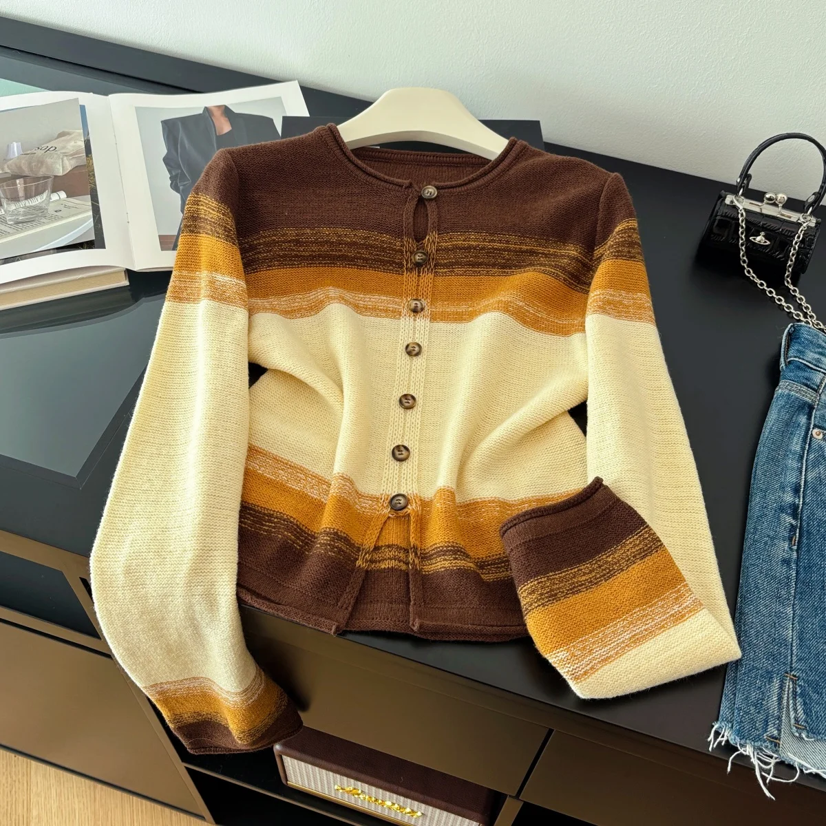 

Женский коричневый полосатый кардиган, свитер, верхняя одежда, винтажный джемпер 2000-х годов, вязаный кашемировый свитер с длинными рукавами, весенне-осенняя одежда