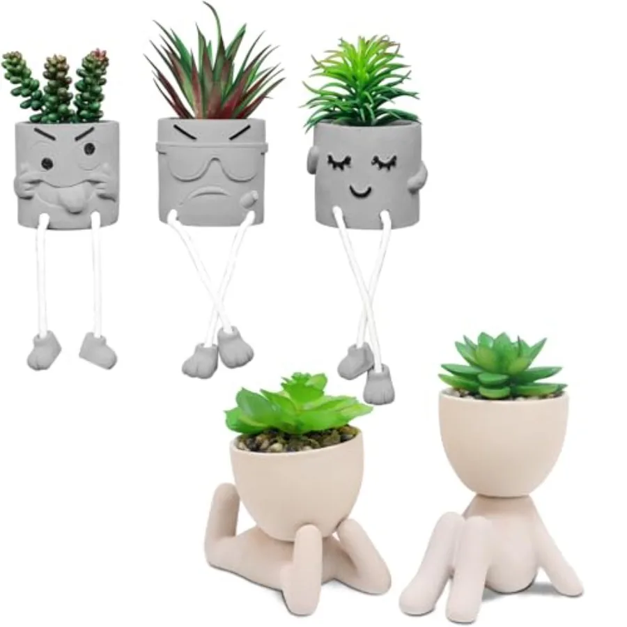 

3pcs Creative Artificial Succulents with Gray Flower Pots Bundle with 2PCS Cute Artificial Succulent Plants with Creative Human