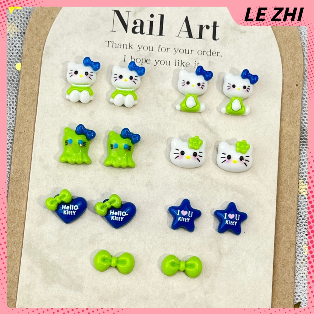 20Pcs Fluorescent Greenish-Blue Hello Kitty Nail Art Charm Handmade Love Bow Star Ghost Full-Body Nail Accessories Party Sticker