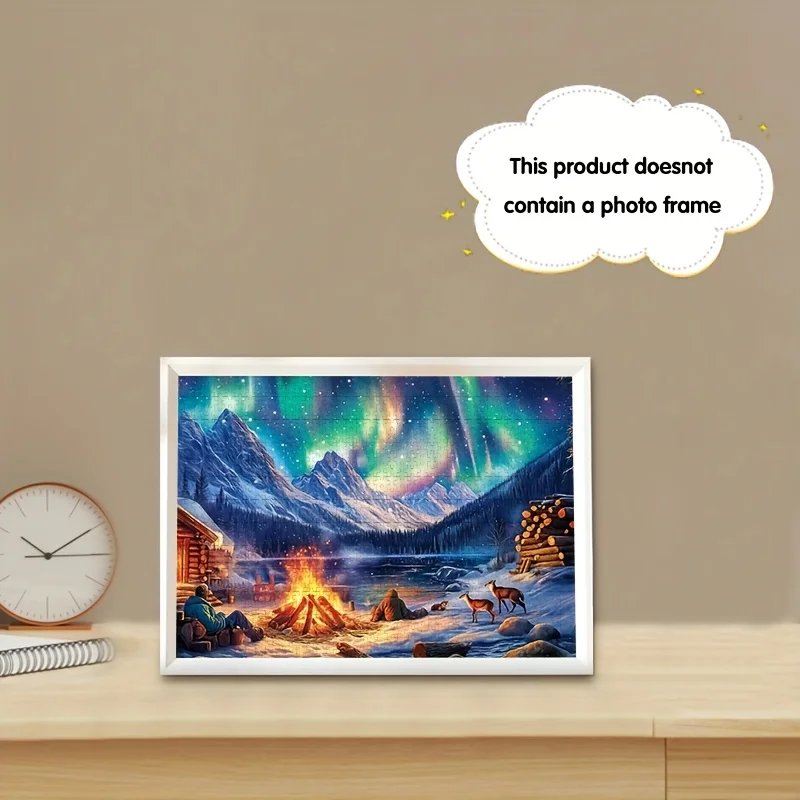 Aurora Borealis Winter Campfire Scene Puzzle für Erwachsene, Natur-Thema, geistiges Spiel, Heim- und Freizeit, dekoratives Puzzle-Spielzeug