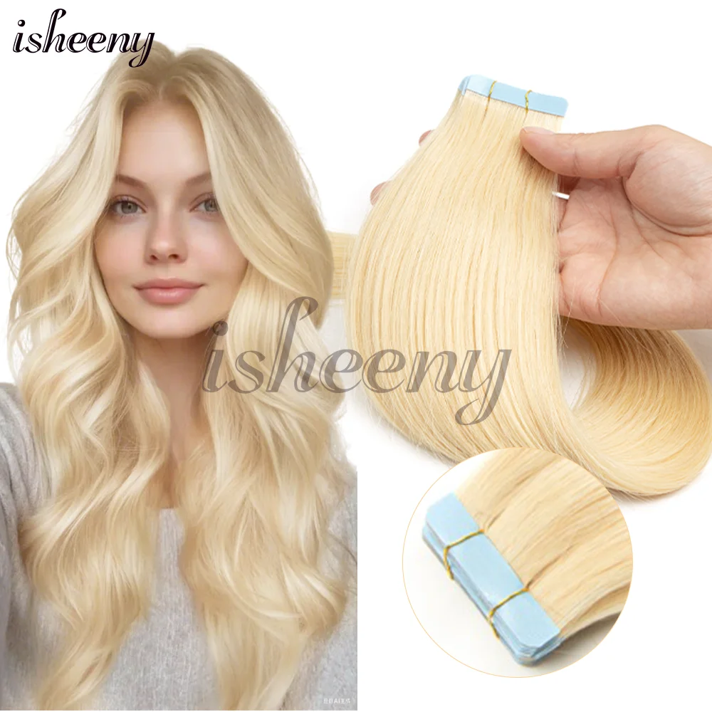 

Isheeny Blonde Invisible Tape In Hair Extensions Natural Straight Human Hair 12"-20" Easy To Wear For Woman 20pcs 30g/pack