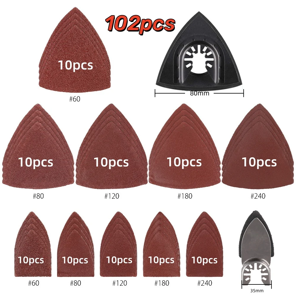 Oscillating Tool Detail Sanding Pads Kit 1Pcs Triangle Sanding Pads and 1Pcs Finger Sanding Pad 100Pcs Multitool Sandpaper Grit