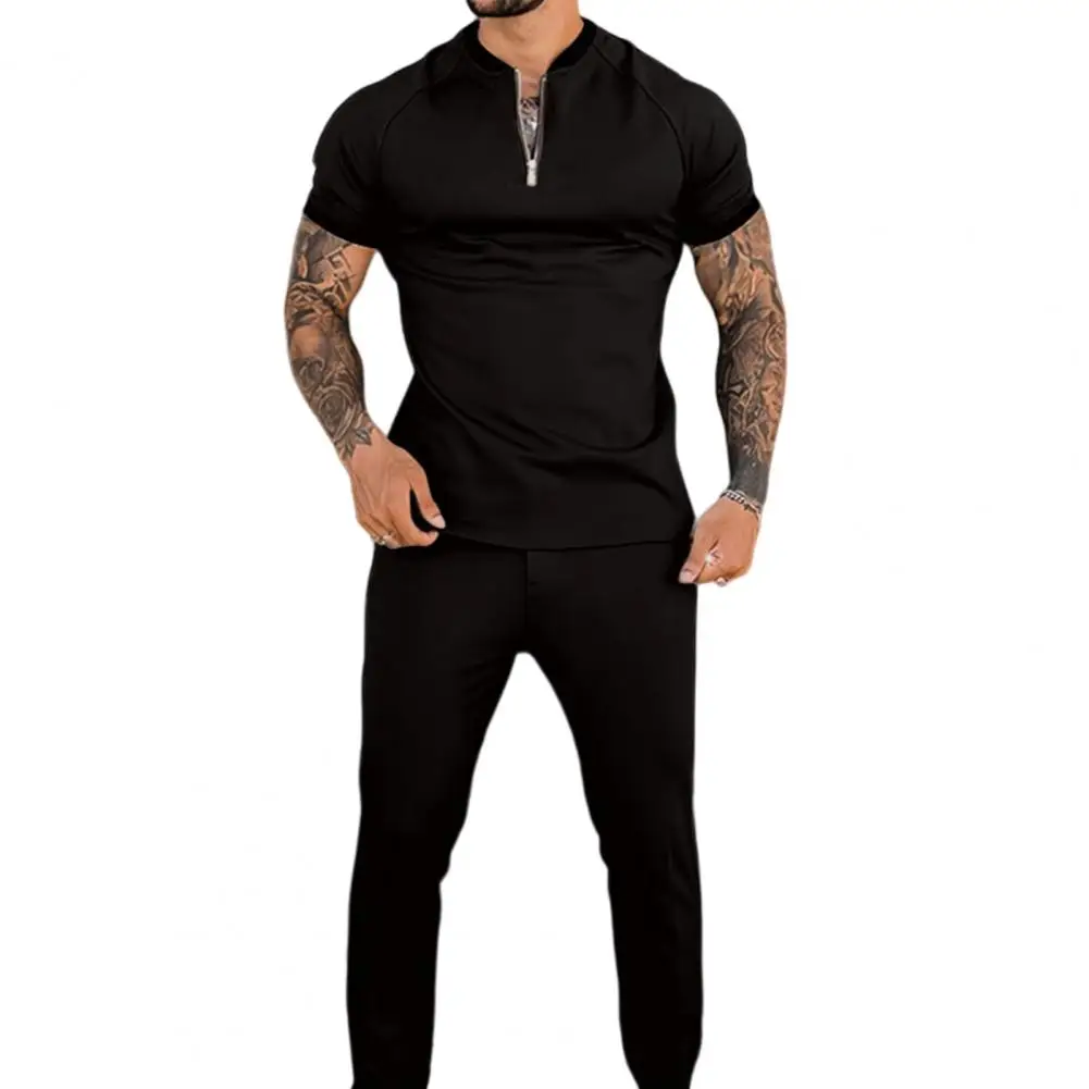 Autumn Men\'s Sets Casual Simple T-Shirt Sports Outfit Zipper Top Trousers Fashion Short-Sleeved Fitness Jogger Tracksuit