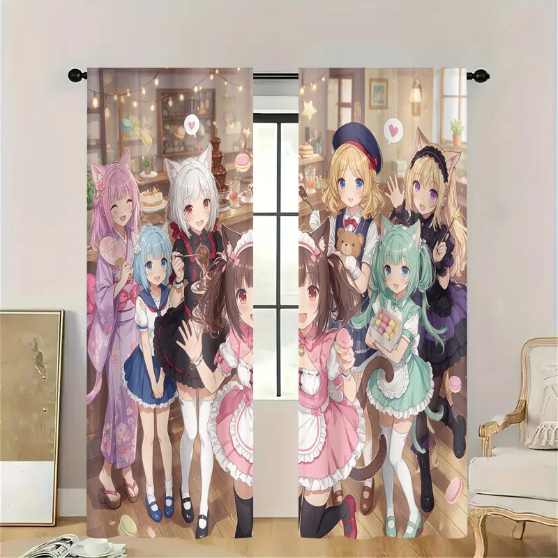 Cute Anime Waifu Girl Group Window Curtains Aesthetic Kawaii Kitchen Decor Translucent Printing Panels for Living Room Window Tr