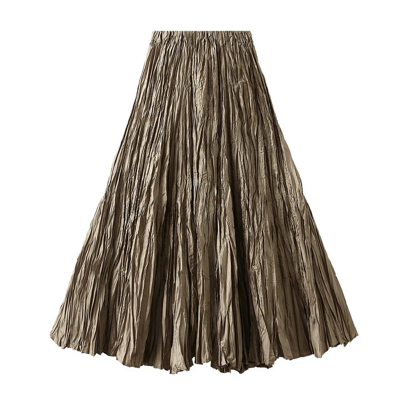 

2025 Women's Spring New Trendy Loose Casual Pleated Long Skirts Female High Waist Wrinkles Elegant Beach Vacation Skirts