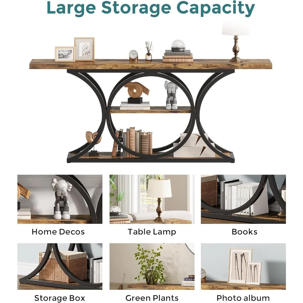 Rustic Industrial Style Extra Long 63 Inch Sofa Table with 3-Tier Storage and Black Metal Frame Console Behind Couch Furniture