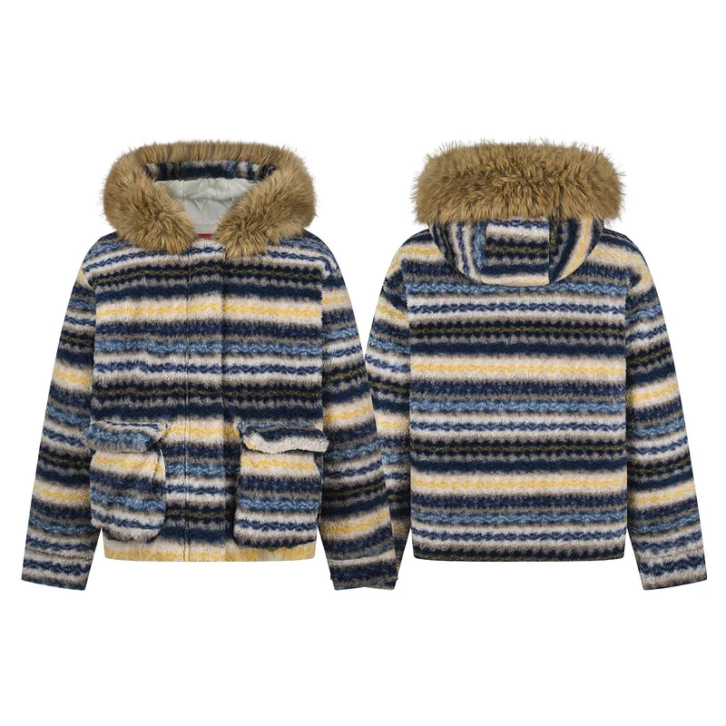 American Retro Detachable Fur Collar Unisex Cotton Jacket 2025 Autumn Winter New Striped Thick Loose Warm Couple Coats Ladies