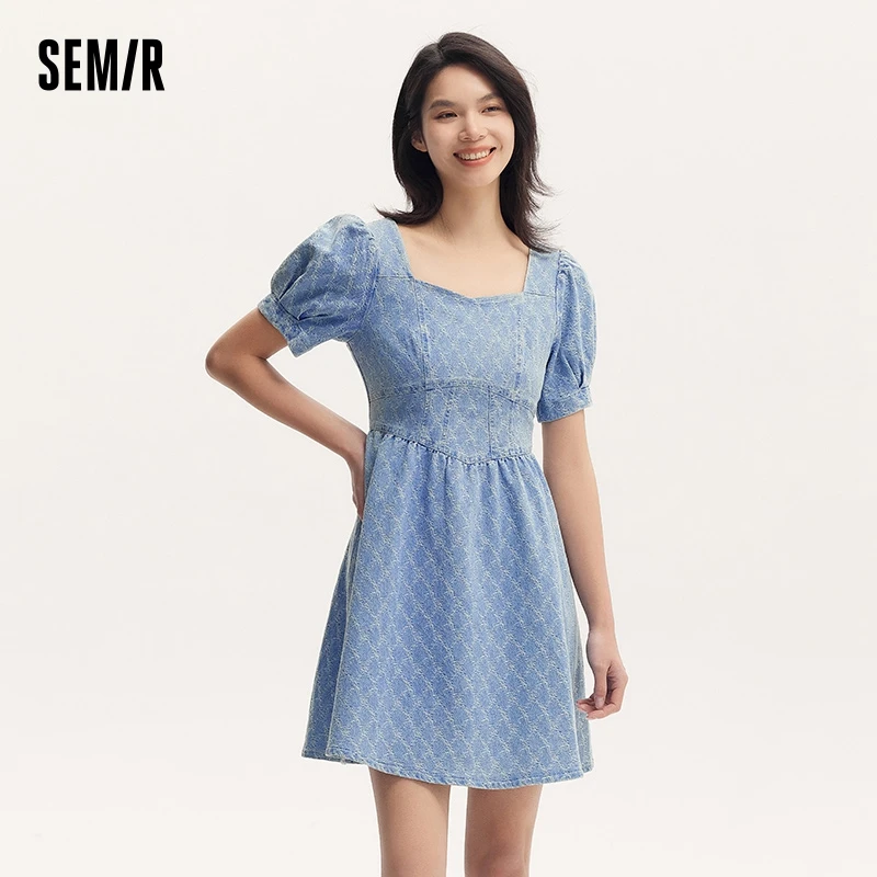 Semir 여성용 데님 원피스, 스위트 쿨 여름 복장, 퍼프 소매, 스퀘어 네크라인, 꽃 자수, 짧은 스커트, 빈티지 드레스