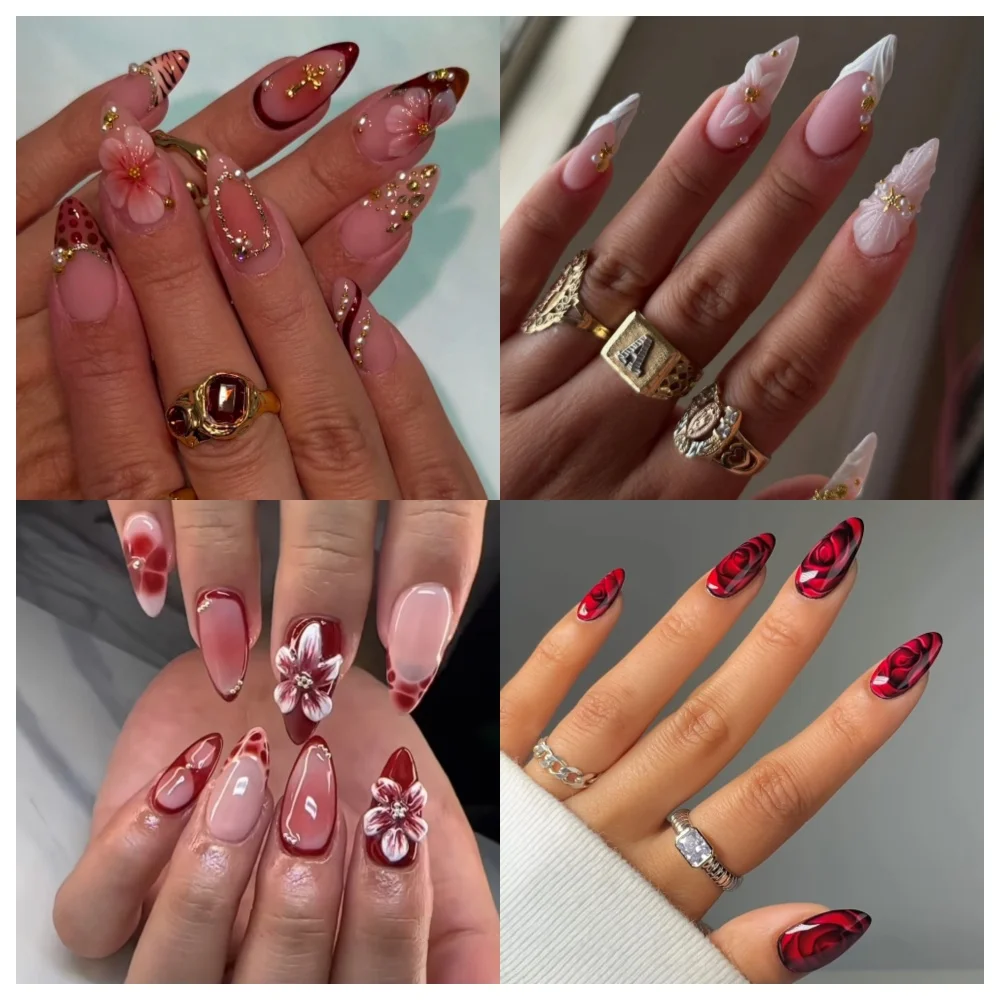 

10 Pcs Winter Press On Nails Handmade Almond Fake Nails Painting 3D Floral Design False Nails Reusable Nails Set for Women