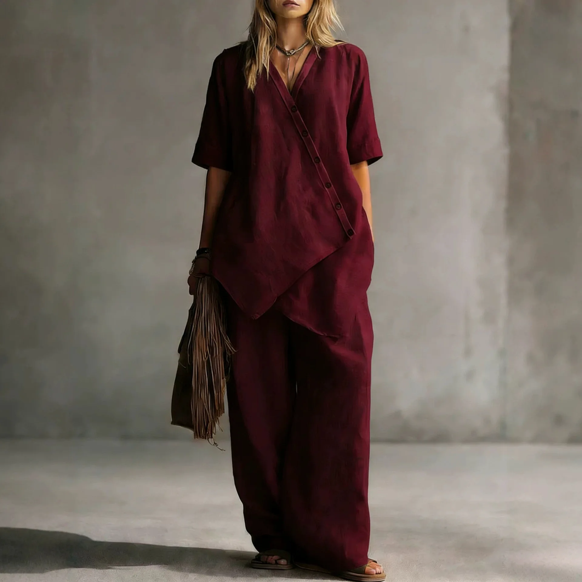 Casual V-neck Short-sleeved Loose Pure Color Sweater Cardigan Long Pants Two-piece Set Comfortable Breathable Cotton Linen Blend view 3