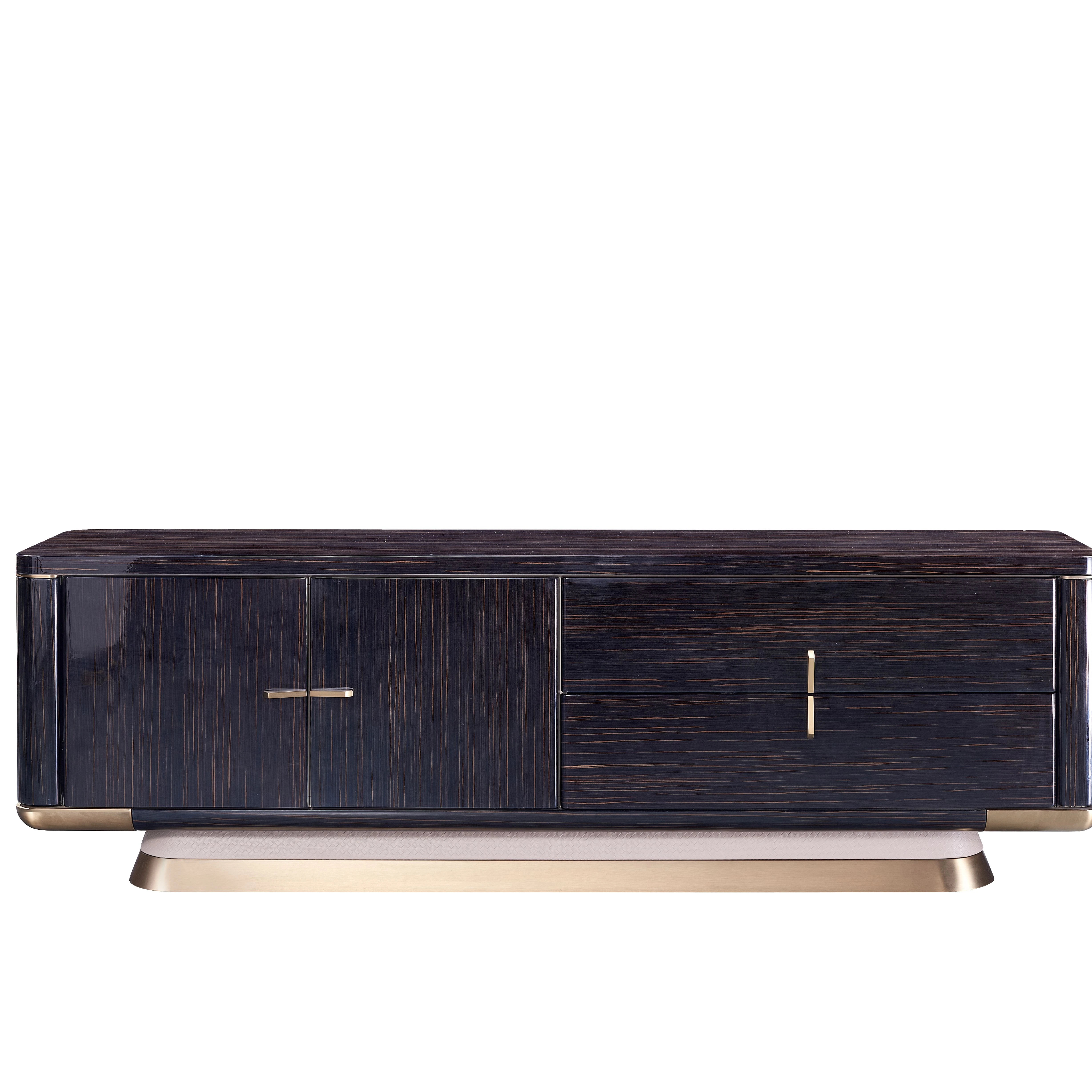 خزانة تلفزيون ذات قشرة خشبية بتصميم عصري، تخزين متعدد الوظائف مع قاعدة من الفولاذ المقاوم للصدأ للدرج