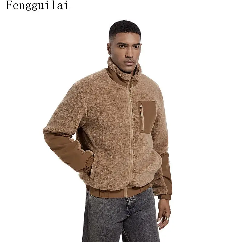 Men Stand Collar Sherpa Fleece Jacket Spliced Fabric Full Zip Warm Long Sleeve Casual Winter Outerwear With Pocket