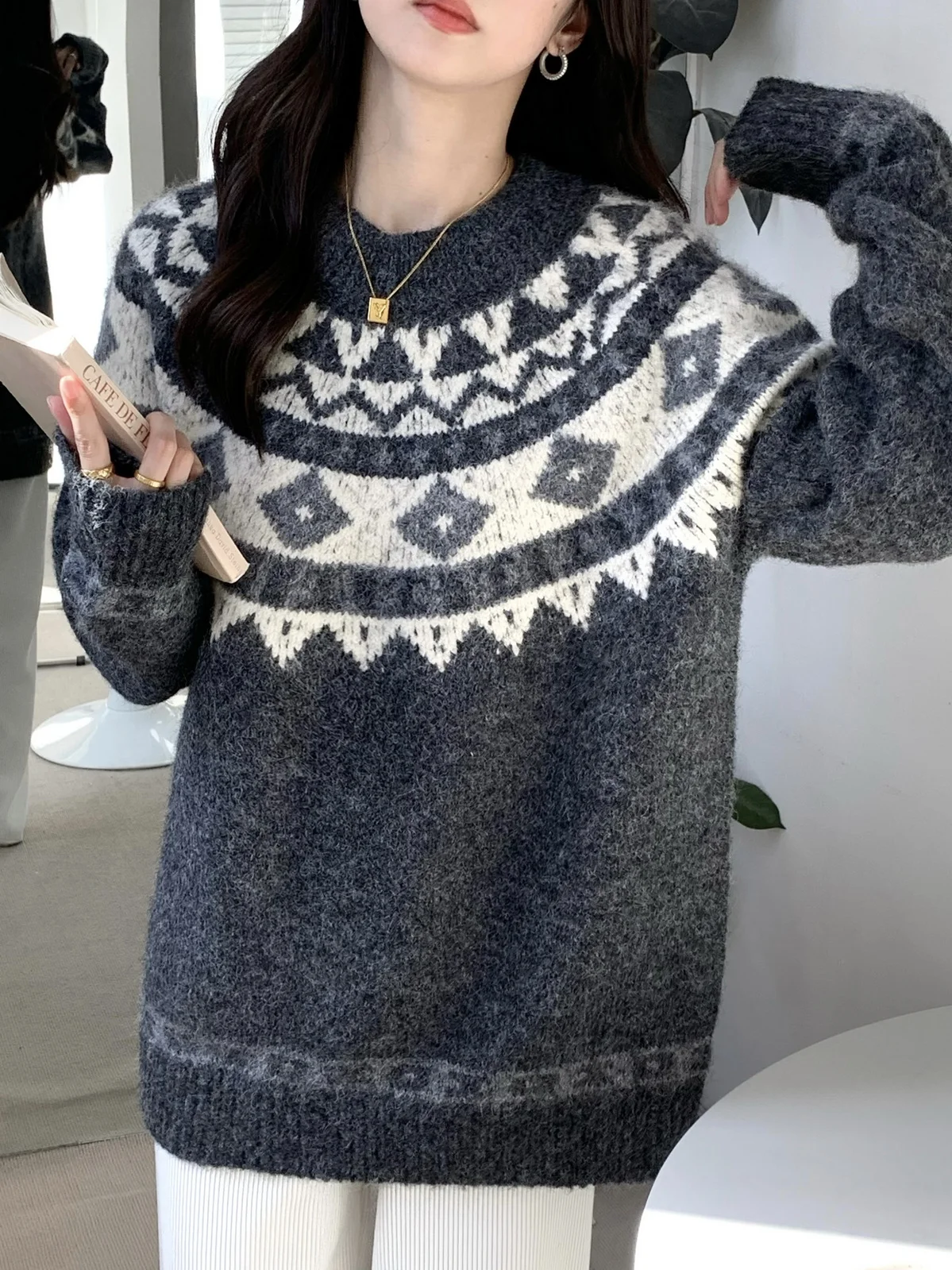 

ay Vintage Fair Isle Knitted Sweater Women's Loose Fit round Ne Design Casual Long Sve Top Comfortable Soft Warm