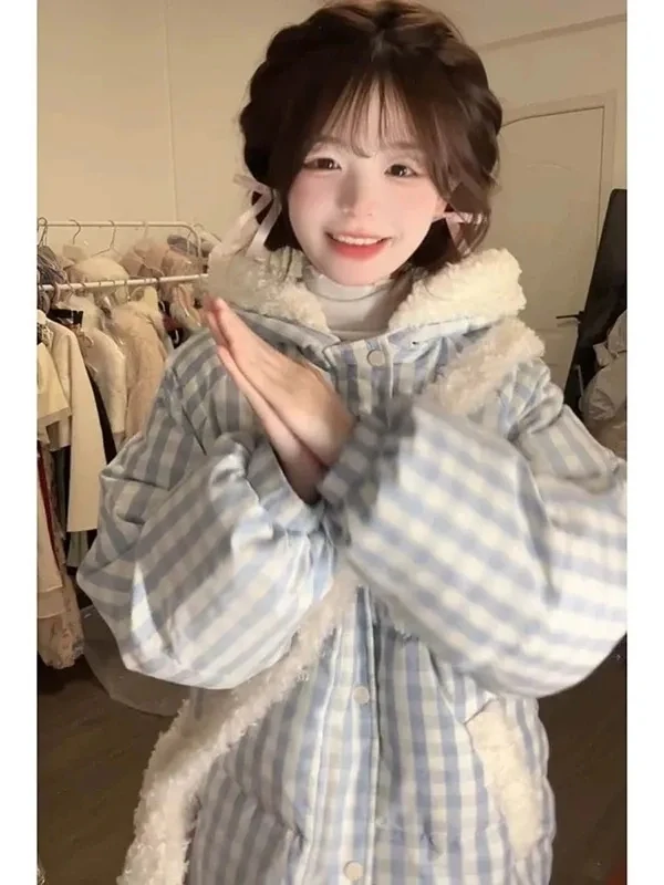 

Korean Sle Sweet Plaid Hooded Cotton Jaet Women's Winter Anti-Aging Loose Warm Thi Long Sve Cotton Coat
