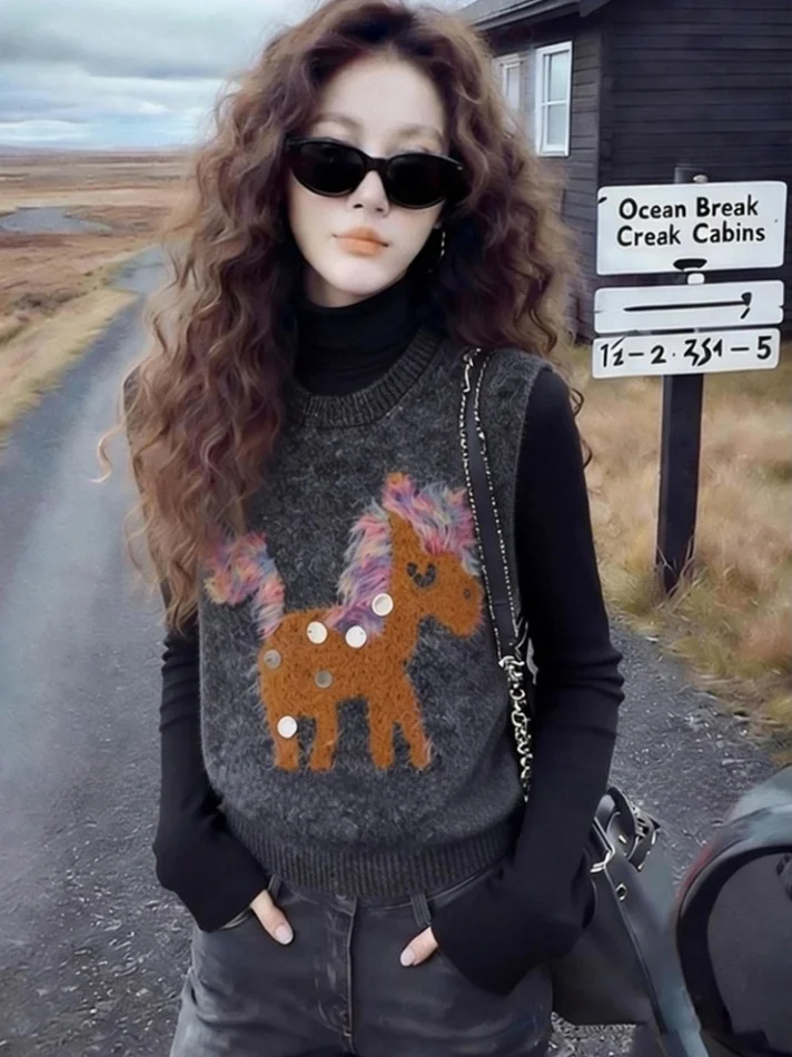 

Spring Autumn Cartoon Knitted Vest Women's Layering f High Collar Soft Youthful Svel Top Women's Faion