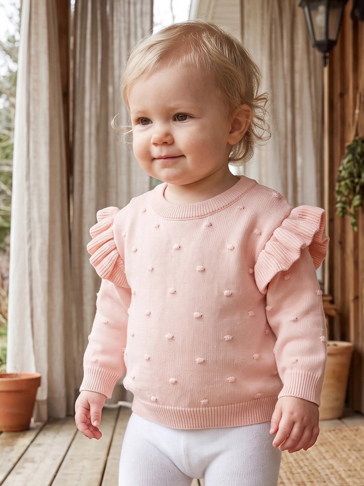 Solid Color Knit Sweater-Ruffle-Long Sweater Ruffle Neck Solid Long Sleeve Girl Solid Color Sleeve Round Professional
