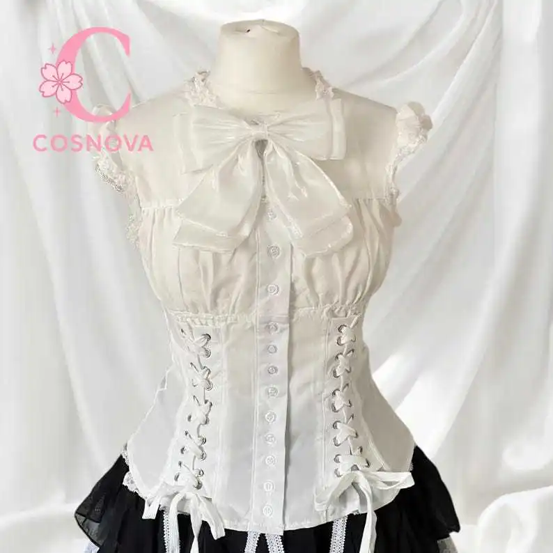 

Vintage Palace Style Lolita Sleeveless Blouse Solid Color Lace Trim Lace Up Corset Waist Slim Fit Cropped Top Elegant Fashion