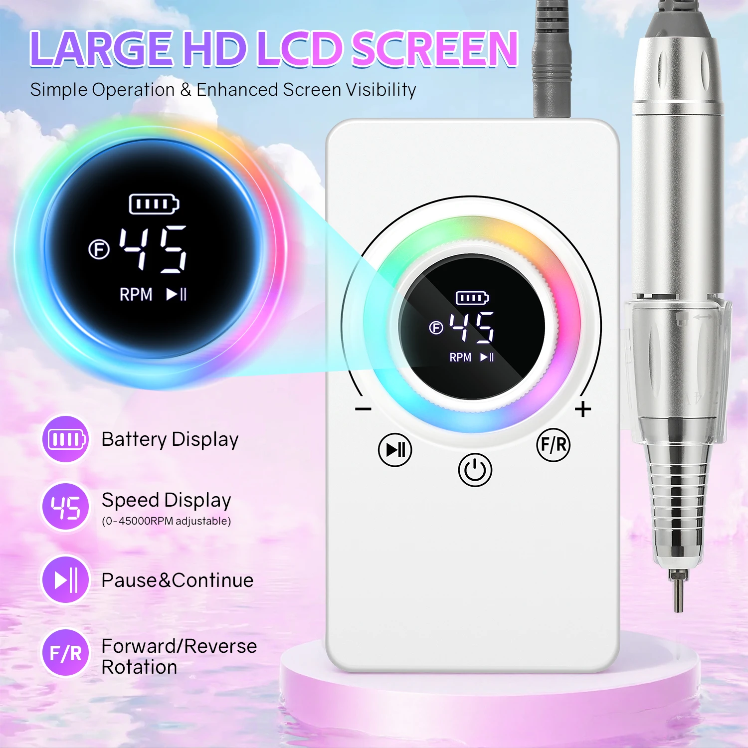 45000RPM Rechargeable Nail Drill –  Electric Nail File with LCD, USB-C, 8-Color LED Light, Dual Rotation, for Acrylic & Gel