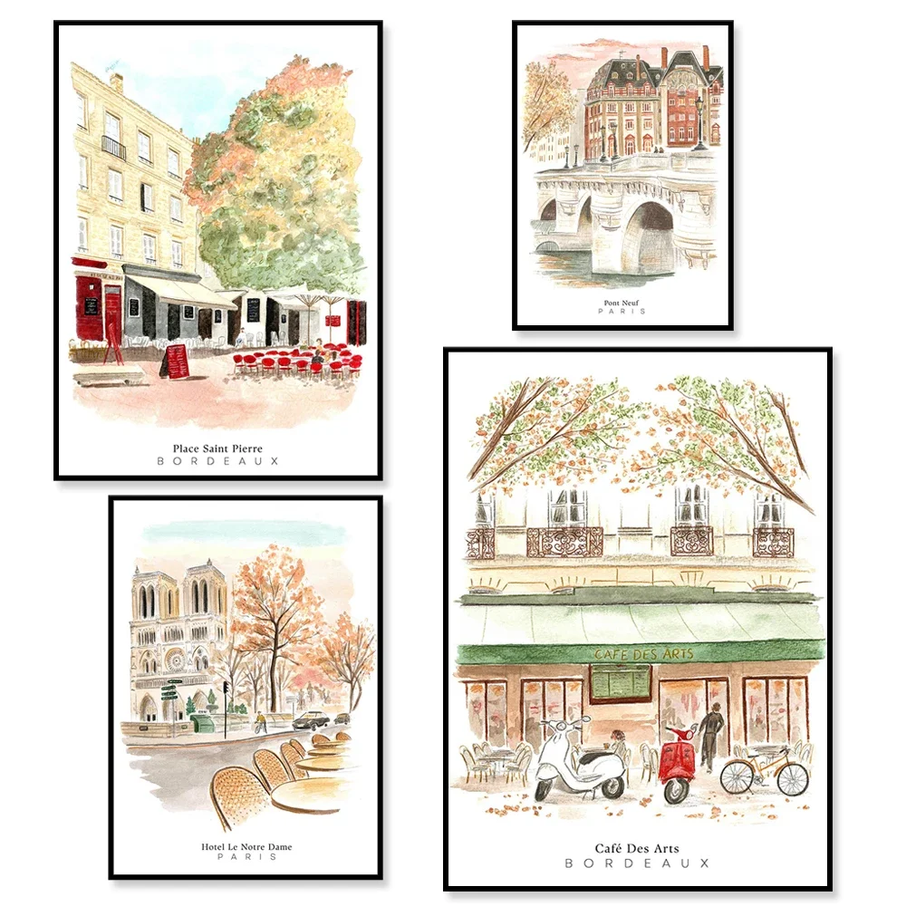 Bordeaux, French town, Saint-Pierre town square, Pont Neuf, Seine, Eiffel Tower, Notre Dame, Paris watercolor travel poster