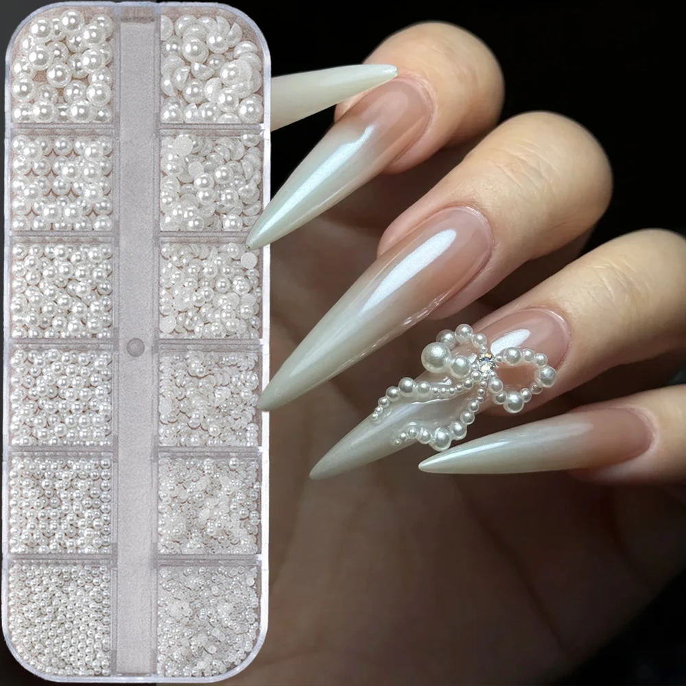 

12Grids White Pearl Bowknot Nail Charms 3D Round/Half-round Pearl Ball Mixed Size Nail Art Accessories DIY Pearl Bead Bow Decora