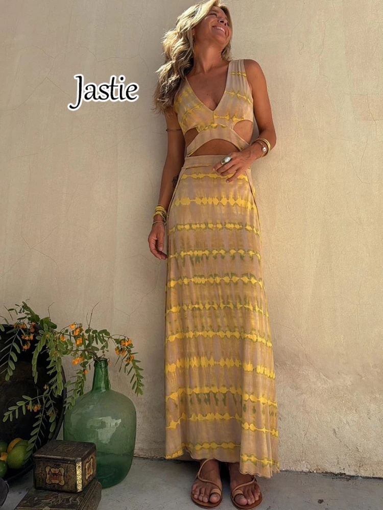 

Jastie 2024 Summer Women Printed Dress V-Neck Waist-revealing Sexy Ladies Dresses Casual Beach Vacation Bohemian Maxi Dress