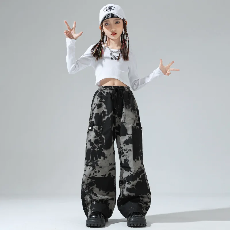 Vêtements Hip Hop Cool pour enfants, T-shirt noir à manches longues, haut court camouflage, pantalon baggy cargo décontracté pour fille, olympiques de danse jazz