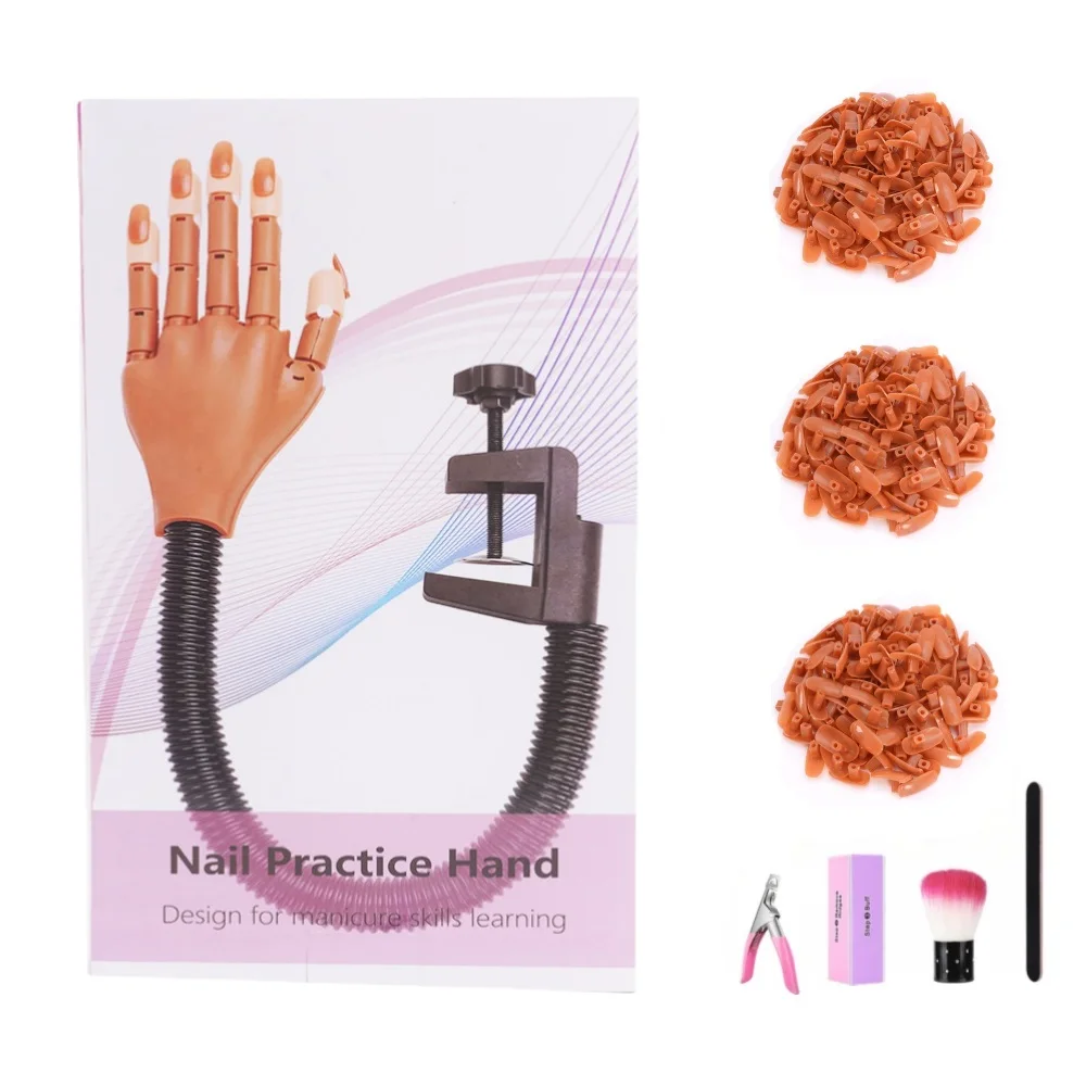 Practice Hand For Acrylic Nails Adjustable Flexible Nail Practice Hands with 300 Brown Nails tips and Tool