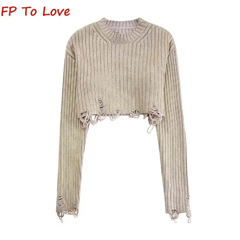 PB&ZA Woman Gold Torn Hole Crew Neck Pullover Sweater Silver Grey Metallic Foil Short Long Sleeve Knit 6771001