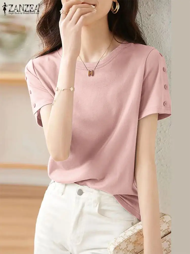 ZANZEA Women Korean T-shirt Blouse Casual Round Neck Buttons Top 2024 Summer Solid Short Sleeve Shirt Tunic Elegant Office Blusa