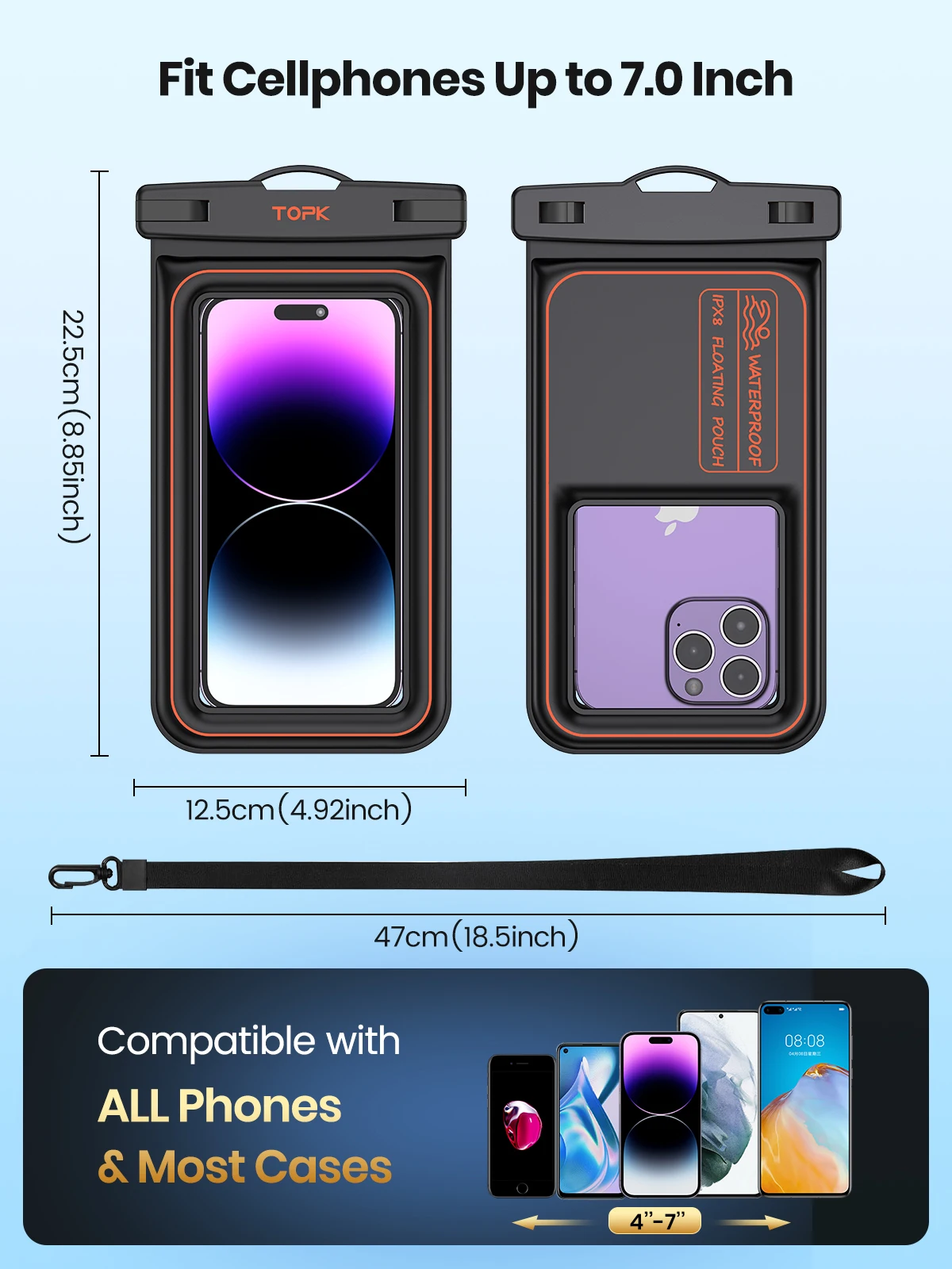 TOPK Waterproof Phone Pouch IPX8 Floating Dry Bag Waterproof Phone Case for Vacation Beach compatible with under 7 inches phones