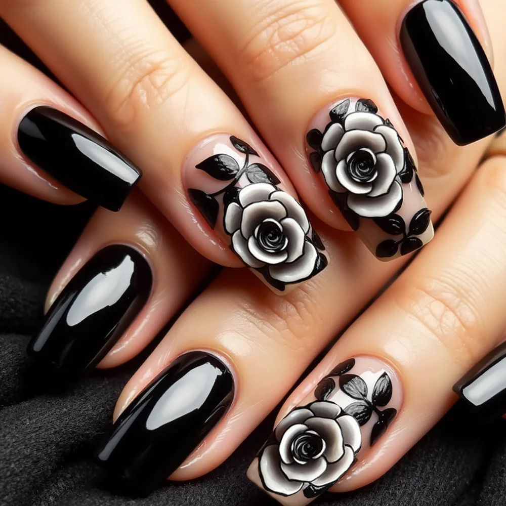 Mittellange künstliche Nägel für Frauen und Mädchen, schwarz, rot, rosa, Rosenblüten zum Valentinstag, quadratische Wassertropfenform, zum Aufdrücken von Nagelkunst