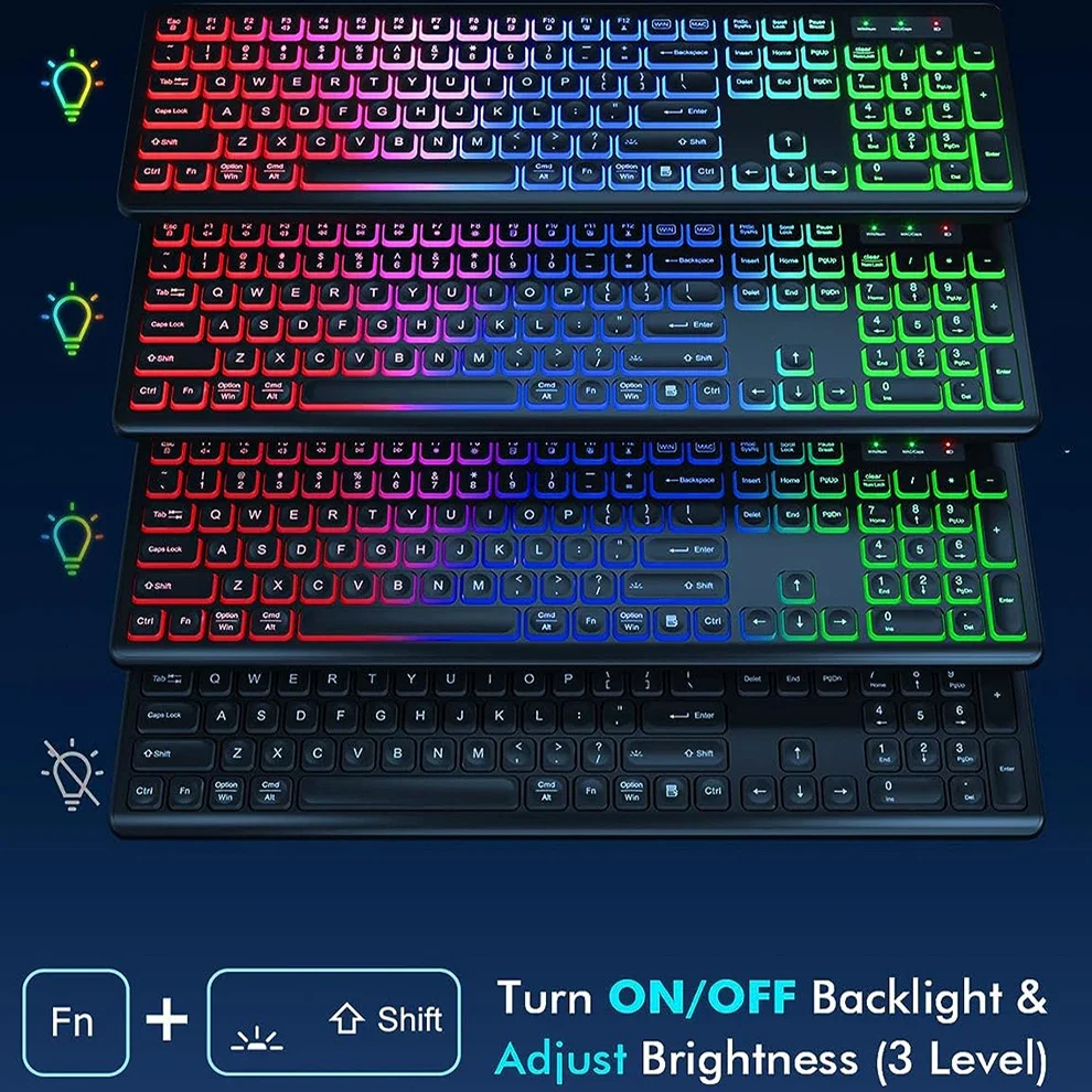 Combinação de teclado e mouse sem fio RGB retroiluminado, letras iluminadas recarregáveis, tamanho completo, ergonômico, modo de suspensão, 2,4 GHz