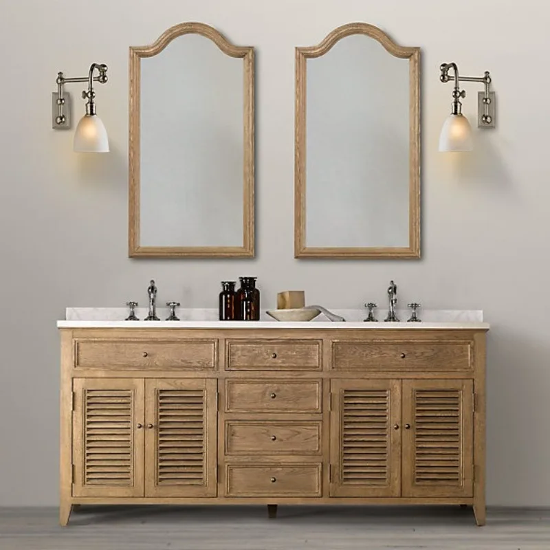 French rural retro solid wood oak bed and breakfast bathroom cabinet American household log sink