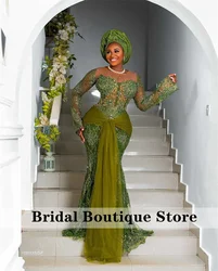 Luxury Green African Evening Dress 2024 Long Sleeves Crystal Beading Formal Prom Party Gowns Wedding Gowns Vestidos