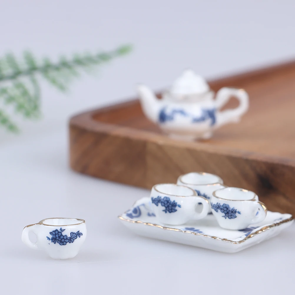 6Pcs/set Dollhouse Miniature Dining Ware Porcelain Tea Set Dish Cup -Flower Pattern Kitchen Furniture Accessories Toys Gift