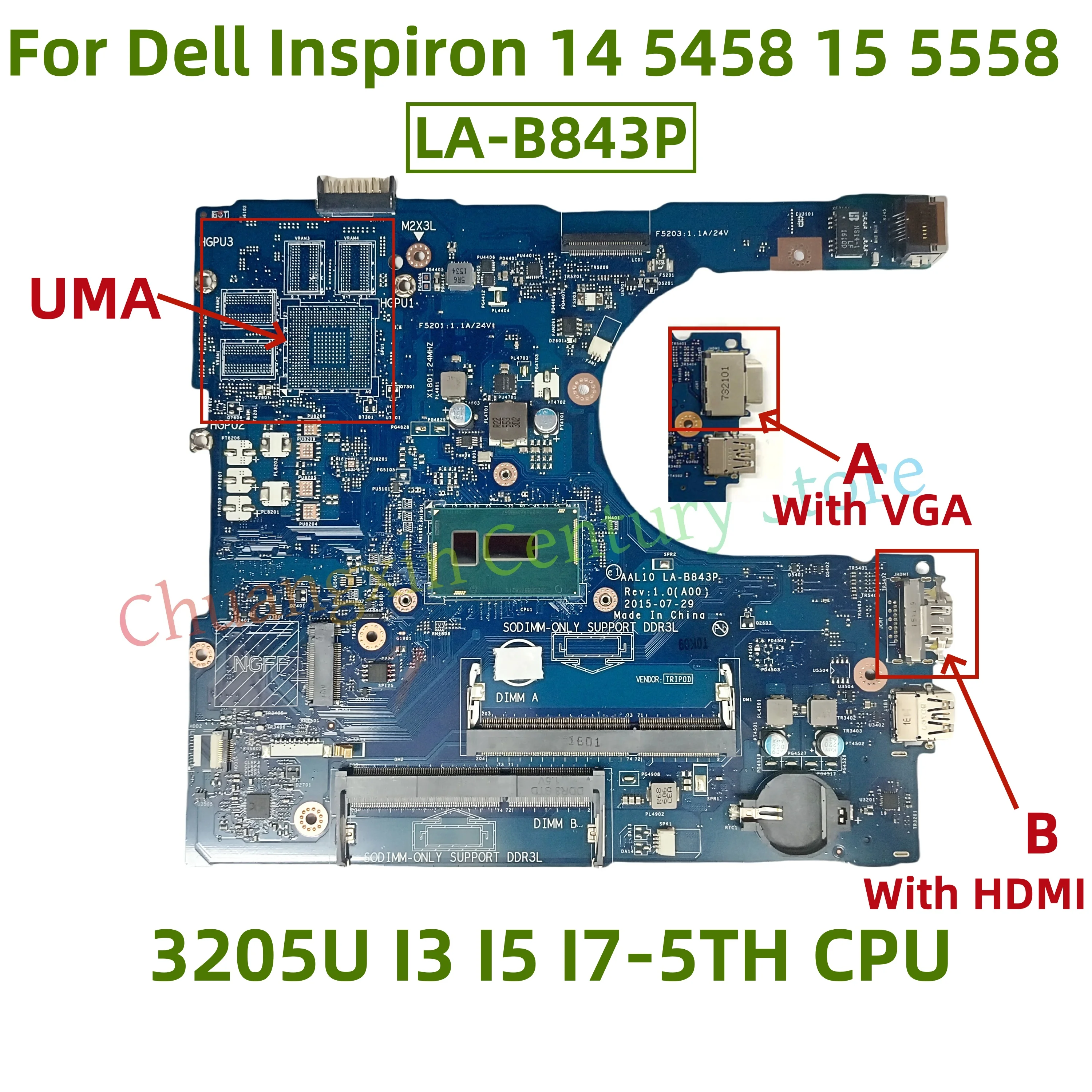 LA-B843P motherboard for Dell Inspiron 14 5458 15 5558 laptop with 3205U I3 I5 I7-5TH CPU UMA 100% test OK shipment