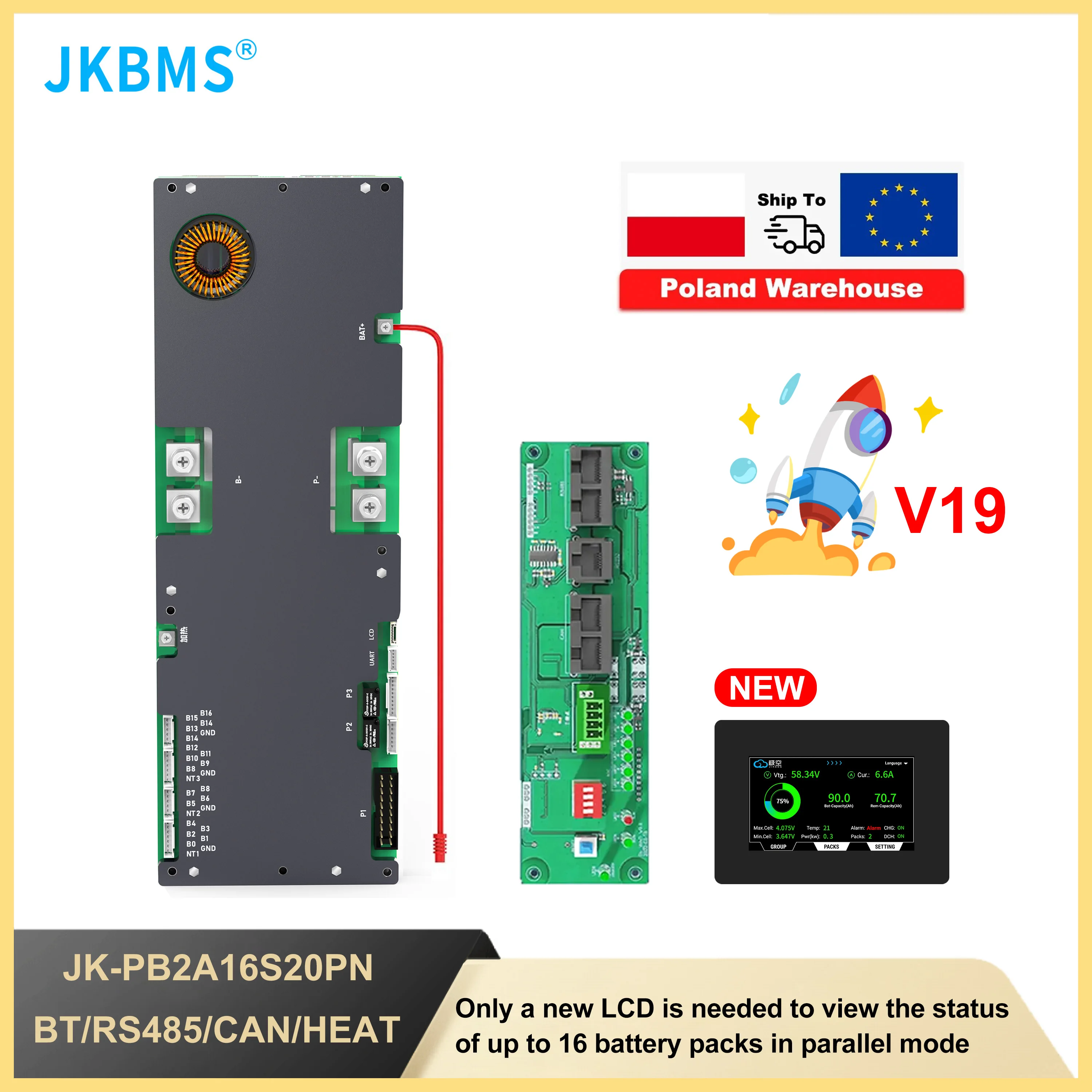 

JKBMS JIKONG V19 Инвертор Smart BMS 8S 16S 24V 48V 200A Lifepo4/Li-ion/LTO Активный балансир Бытовое хранилище энергии 2A