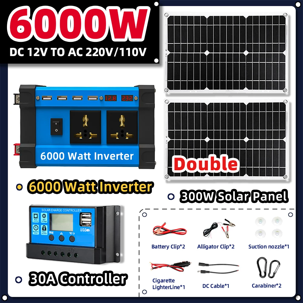 6000W interver Outdoor Power 12v Solar Power Generator Solar Panel with 30A Solar Kit Charge Controller Solar system Set Camping